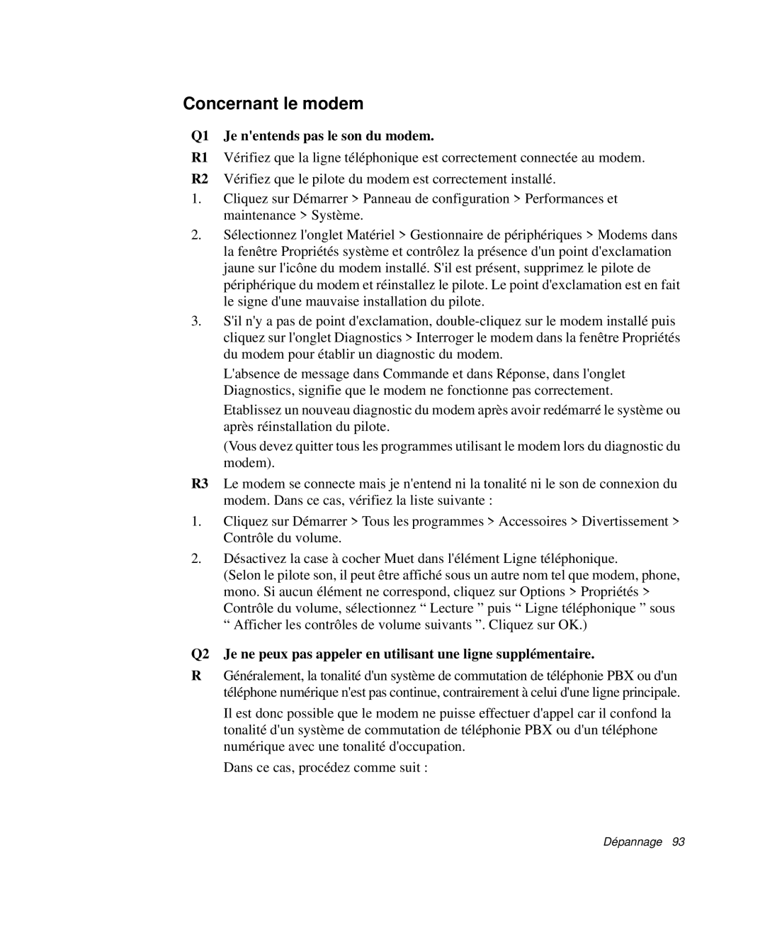 Samsung NP-P29K001/SEF, NP-P29R000/SEF, NP-P29R001/SEF manual Concernant le modem, Q1 Je nentends pas le son du modem 