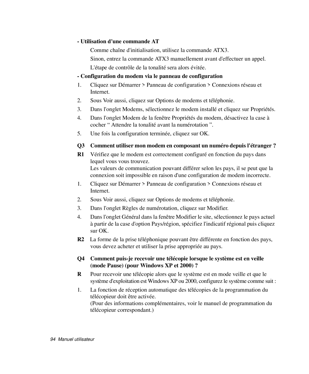 Samsung NP-P29R001/SEF manual Utilisation dune commande AT, Configuration du modem via le panneau de configuration 