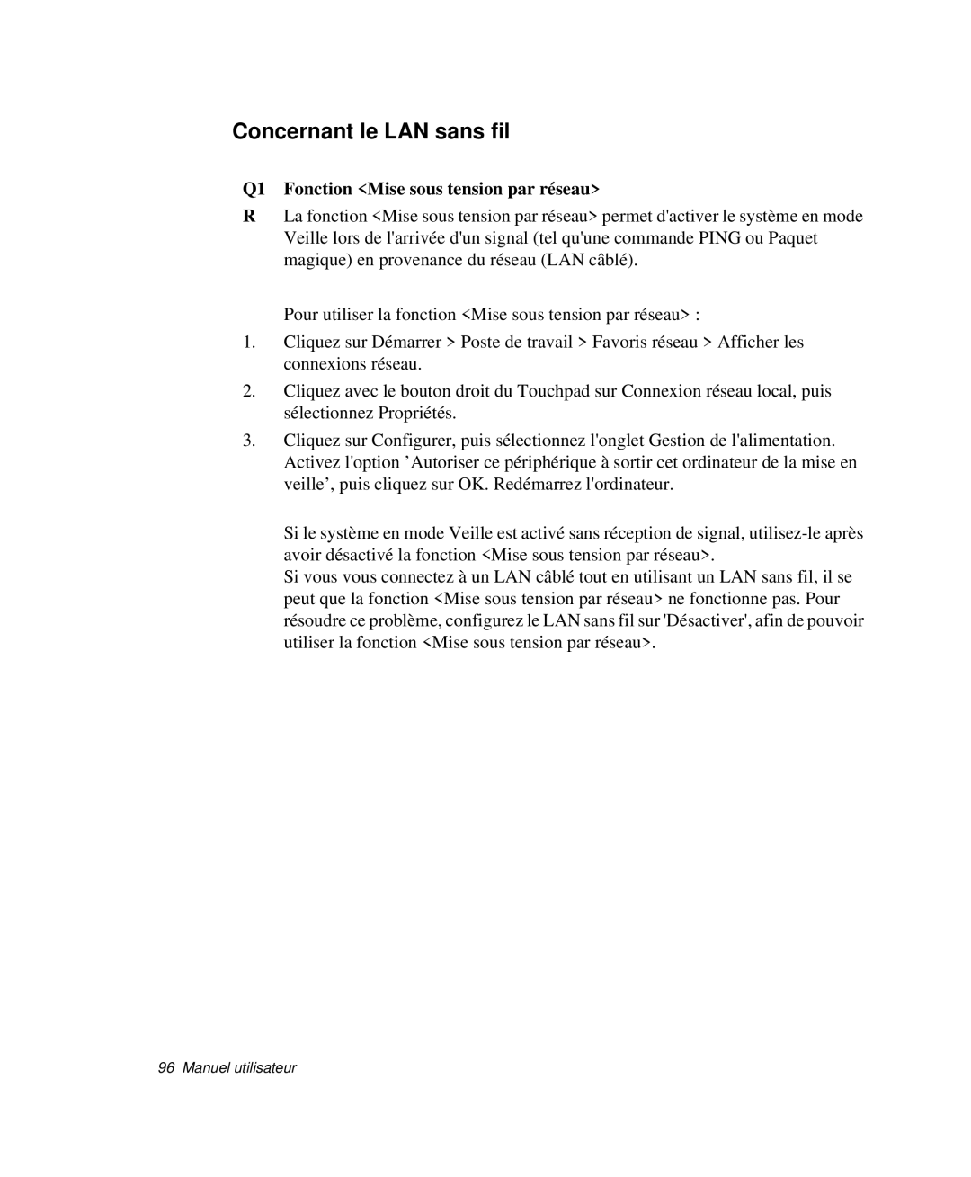 Samsung NP-P29K001/SEF, NP-P29R000/SEF, NP-P29R001/SEF Concernant le LAN sans fil, Q1 Fonction Mise sous tension par réseau 