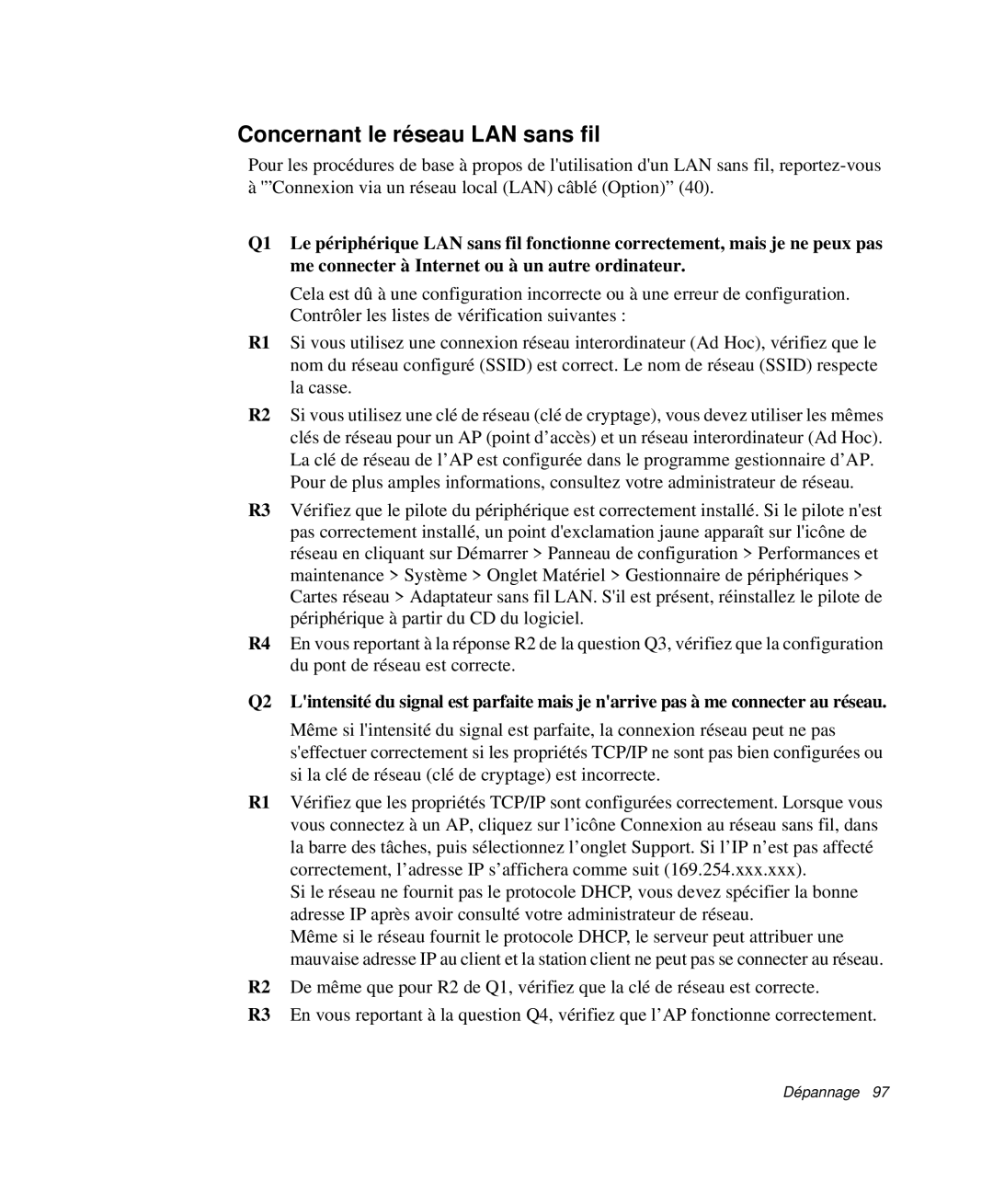 Samsung NP-P29R001/SEF, NP-P29R000/SEF, NP-P29K001/SEF manual Concernant le réseau LAN sans fil 