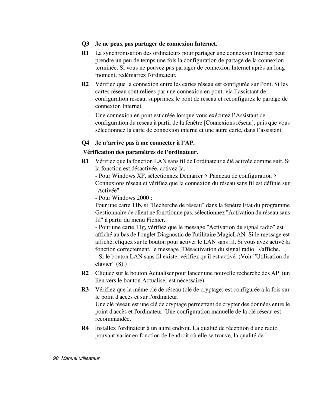 Samsung NP-P29R000/SEF, NP-P29K001/SEF, NP-P29R001/SEF manual Q3 Je ne peux pas partager de connexion Internet 