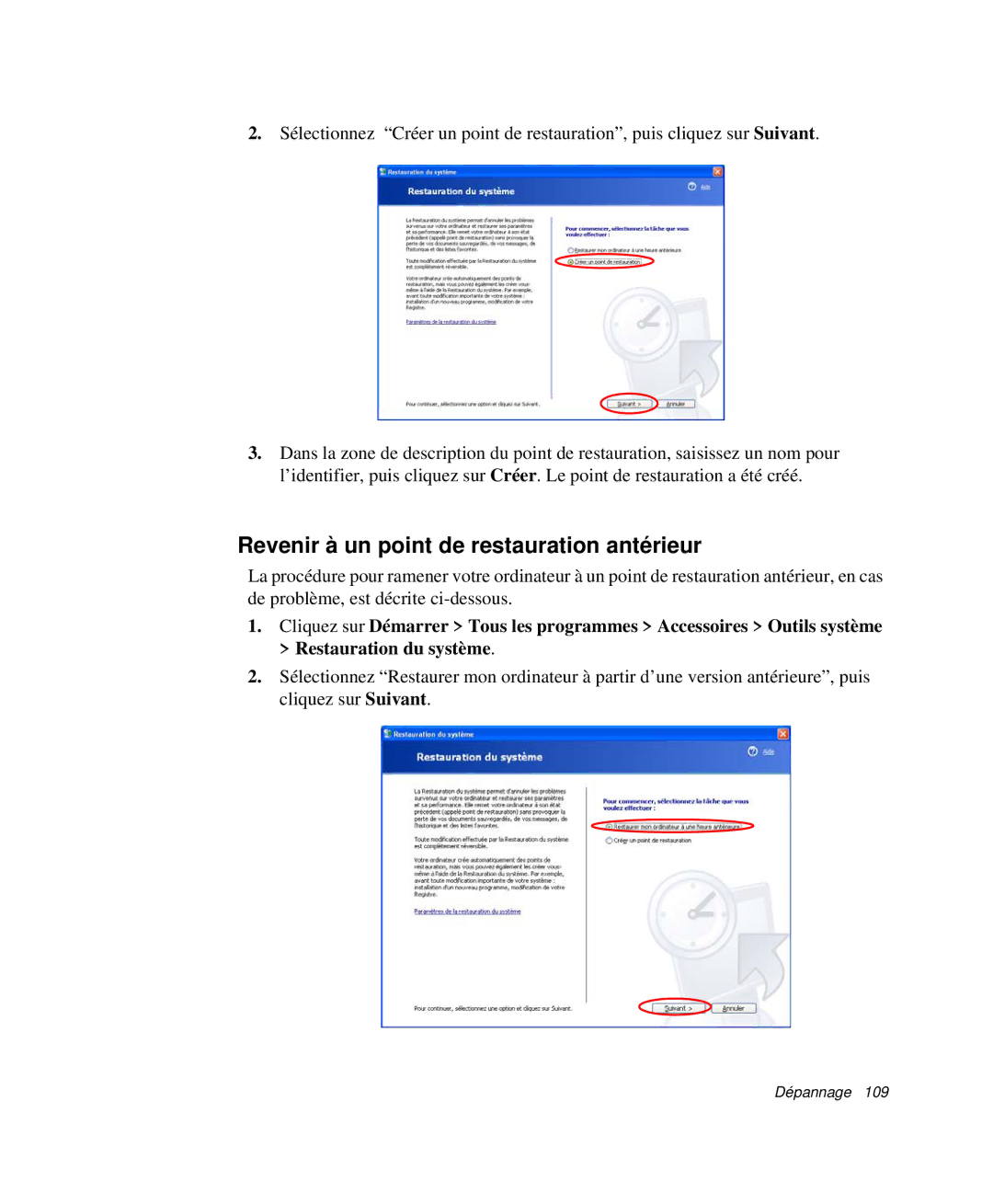 Samsung NP-P29R001/SEF, NP-P29R000/SEF, NP-P29K001/SEF manual Revenir à un point de restauration antérieur 