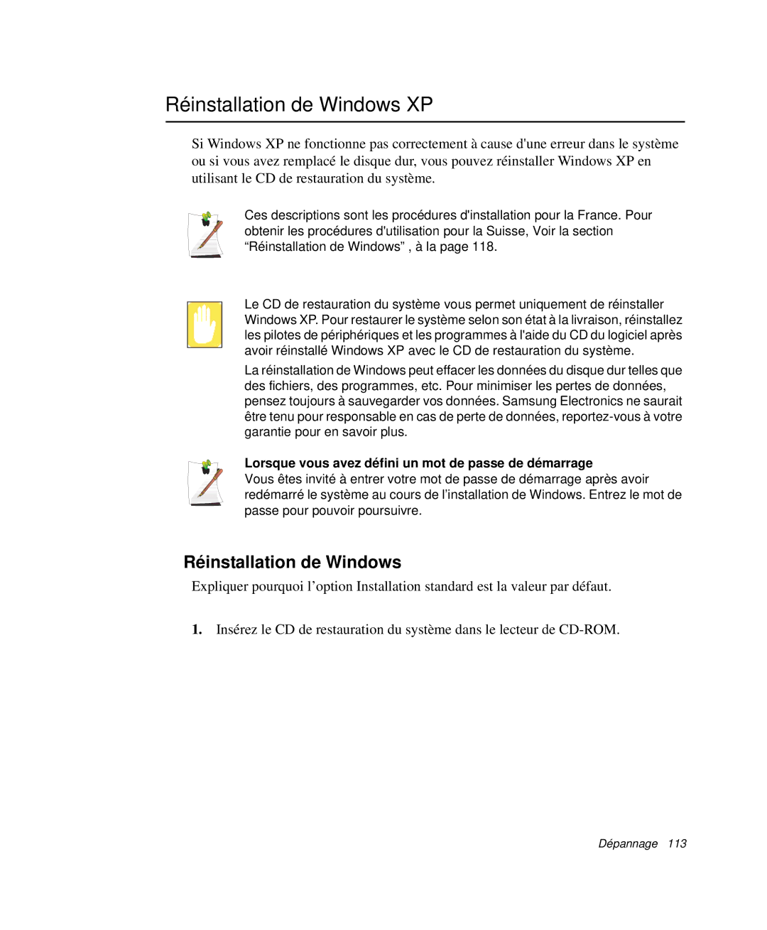 Samsung NP-P29R000/SEF, NP-P29K001/SEF Réinstallation de Windows XP, Lorsque vous avez défini un mot de passe de démarrage 