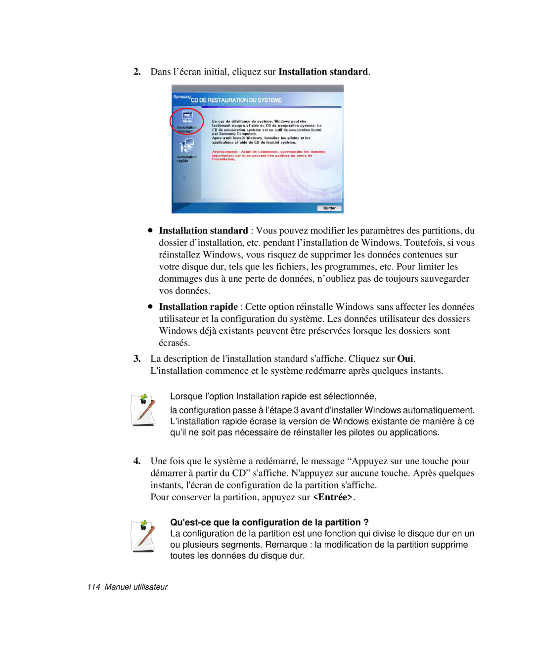 Samsung NP-P29K001/SEF, NP-P29R000/SEF, NP-P29R001/SEF manual Lorsque l’option Installation rapide est sélectionnée 