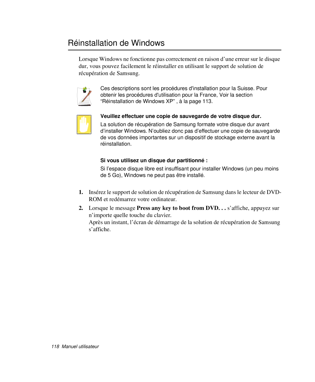 Samsung NP-P29R001/SEF, NP-P29R000/SEF manual Réinstallation de Windows, Si vous utilisez un disque dur partitionné 