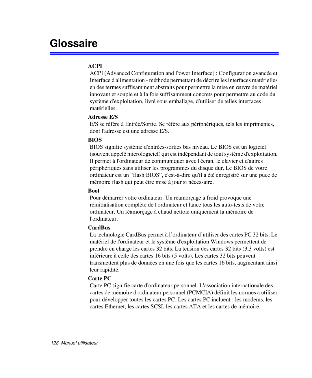 Samsung NP-P29R000/SEF, NP-P29K001/SEF, NP-P29R001/SEF manual Glossaire, Adresse E/S, Boot, CardBus, Carte PC 