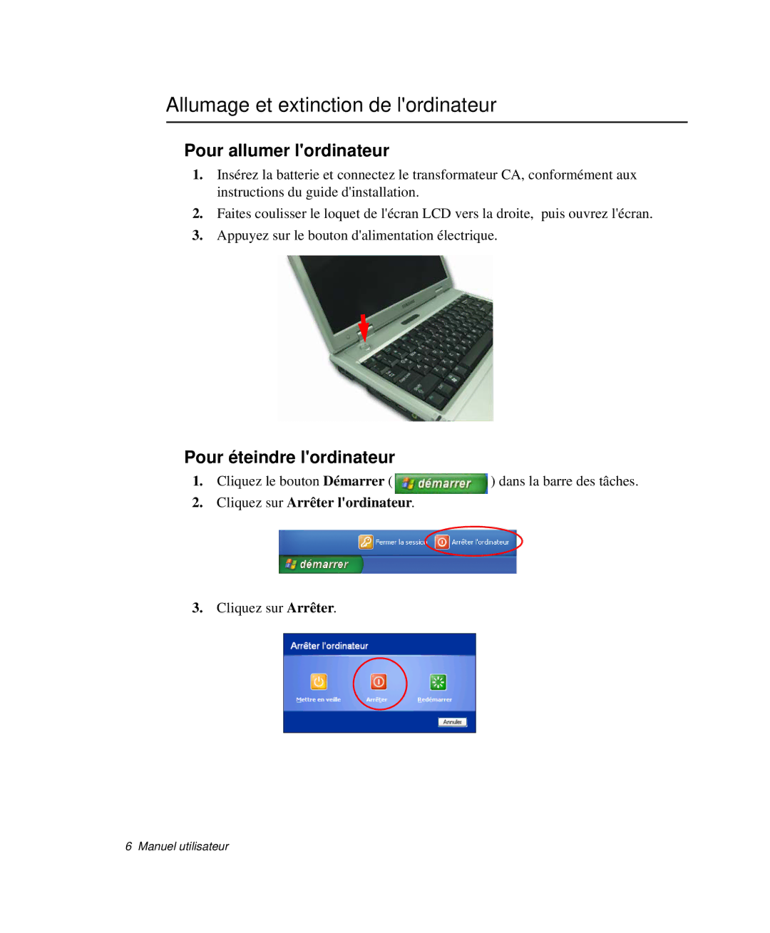 Samsung NP-P29K001/SEF manual Allumage et extinction de lordinateur, Pour allumer lordinateur, Pour éteindre lordinateur 