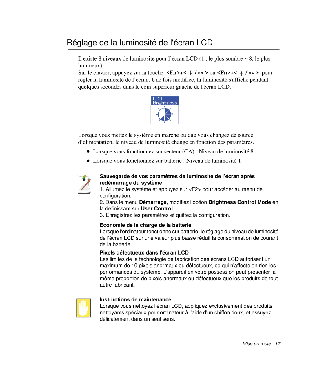 Samsung NP-P29R000/SEF, NP-P29K001/SEF manual Réglage de la luminosité de lécran LCD, Economie de la charge de la batterie 