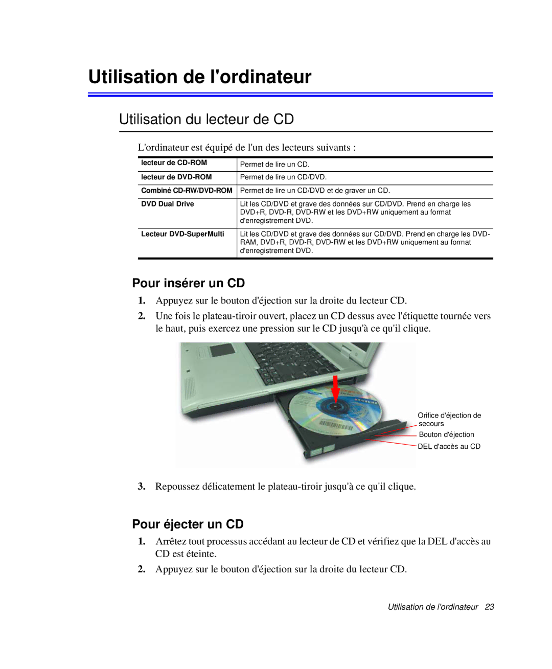 Samsung NP-P29R000/SEF Utilisation de lordinateur, Utilisation du lecteur de CD, Pour insérer un CD, Pour éjecter un CD 