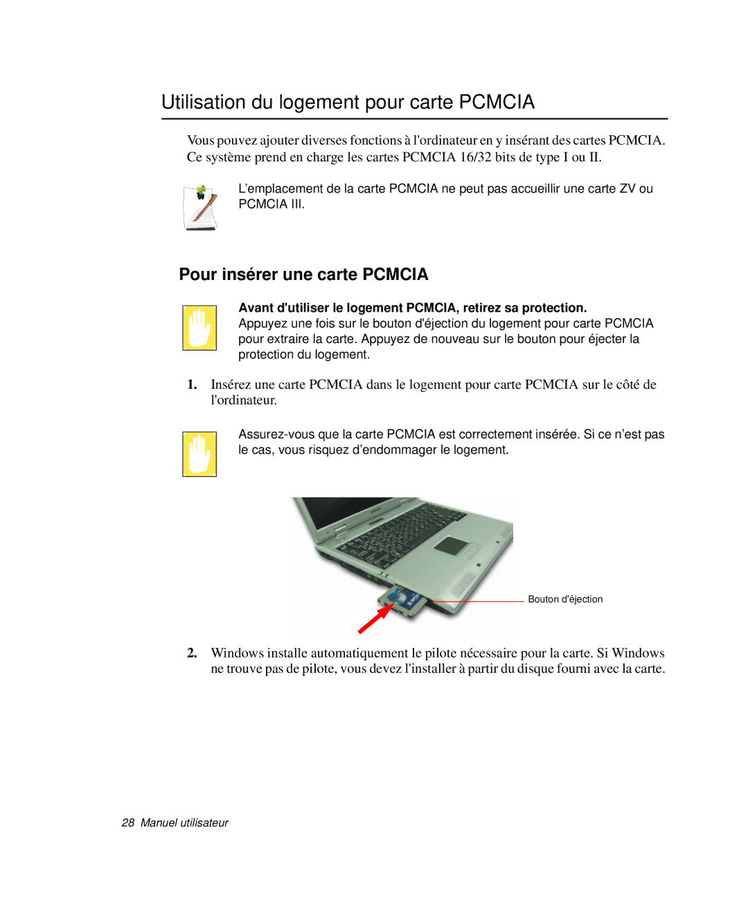 Samsung NP-P29R001/SEF, NP-P29R000/SEF manual Utilisation du logement pour carte Pcmcia, Pour insérer une carte Pcmcia 