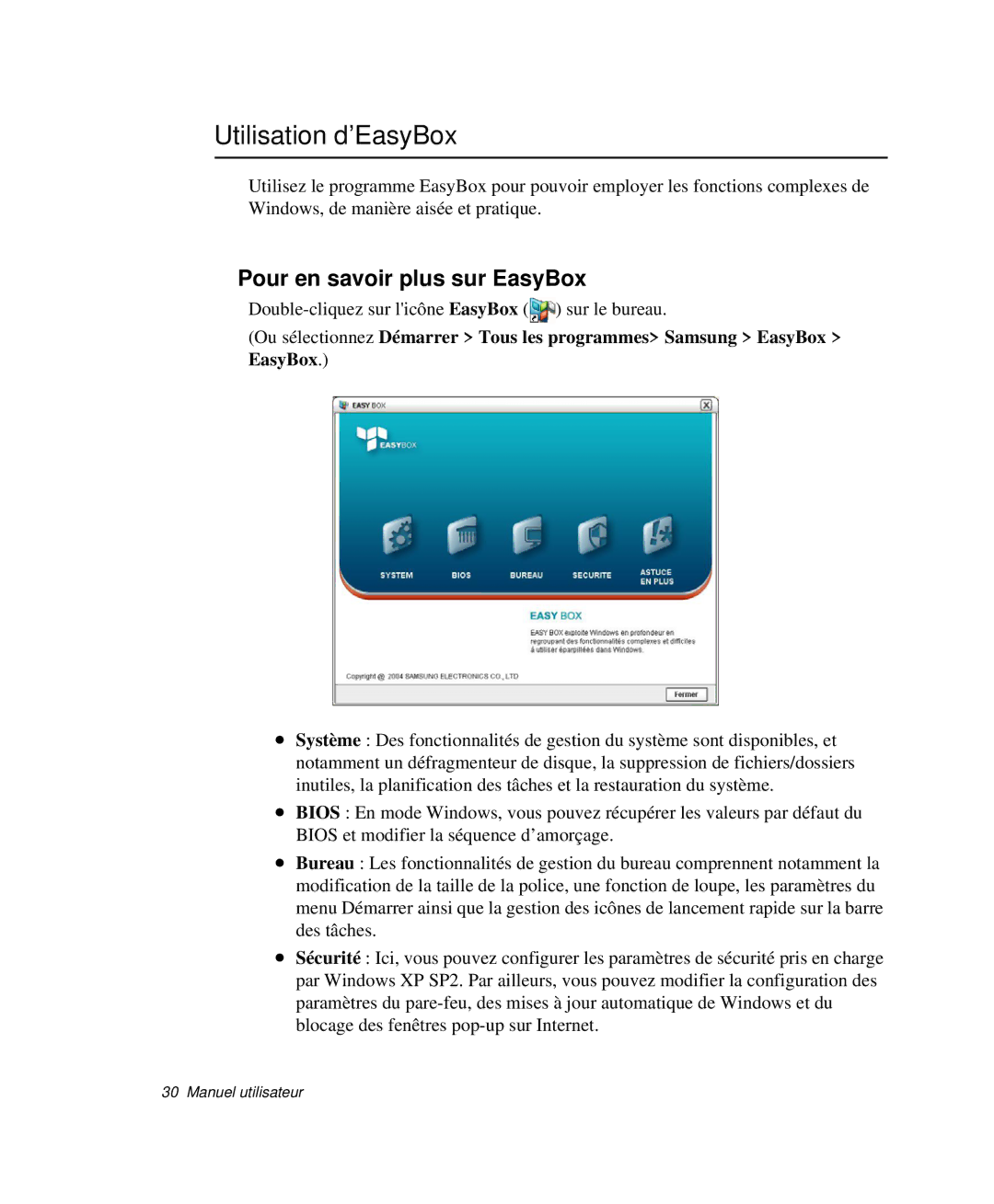 Samsung NP-P29K001/SEF, NP-P29R000/SEF, NP-P29R001/SEF manual Utilisation d’EasyBox, Pour en savoir plus sur EasyBox 