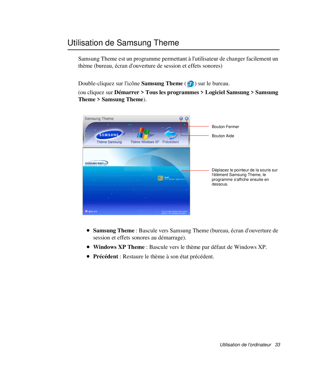 Samsung NP-P29K001/SEF, NP-P29R000/SEF, NP-P29R001/SEF manual Utilisation de Samsung Theme 