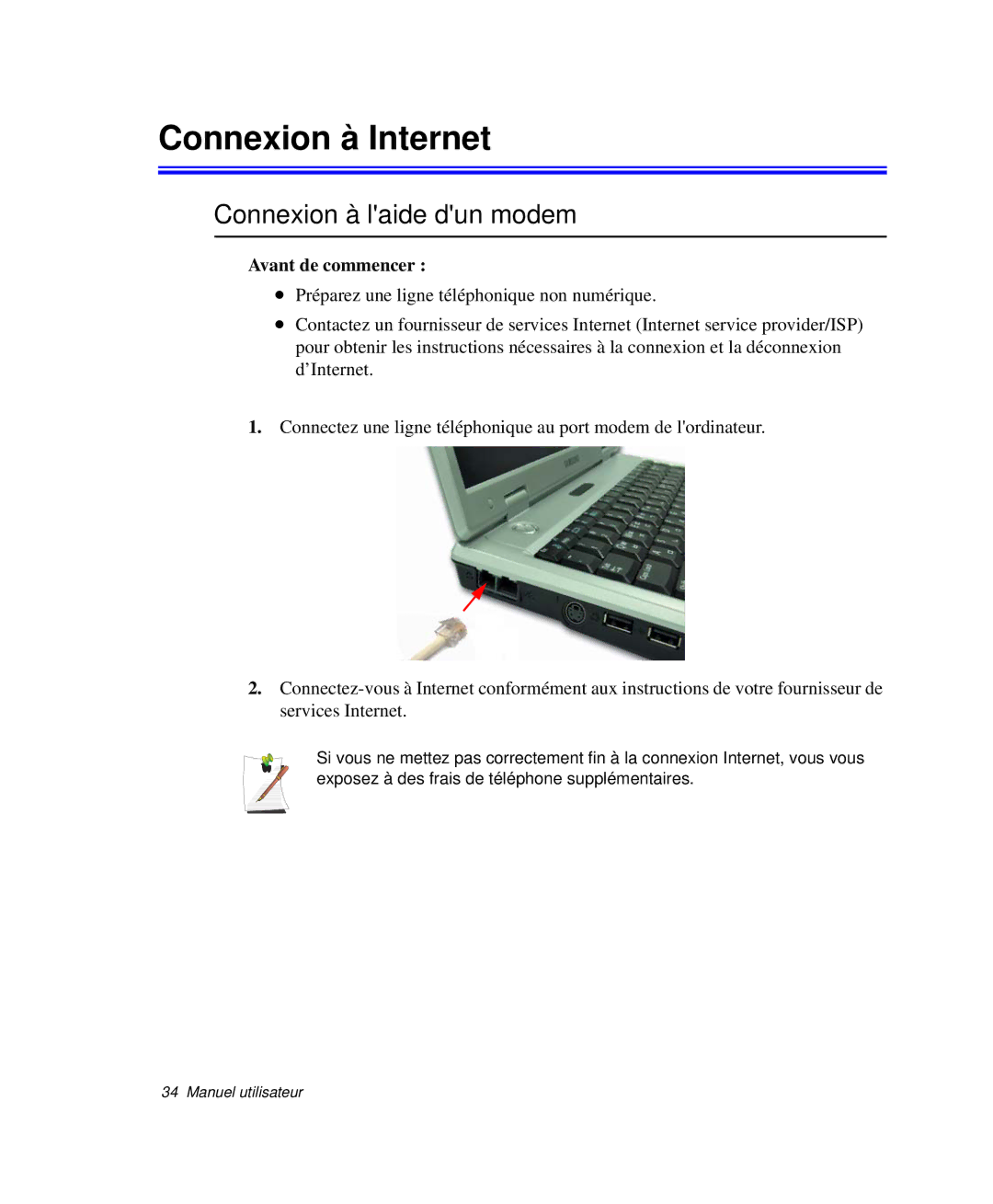 Samsung NP-P29R001/SEF, NP-P29R000/SEF manual Connexion à Internet, Connexion à laide dun modem, Avant de commencer 