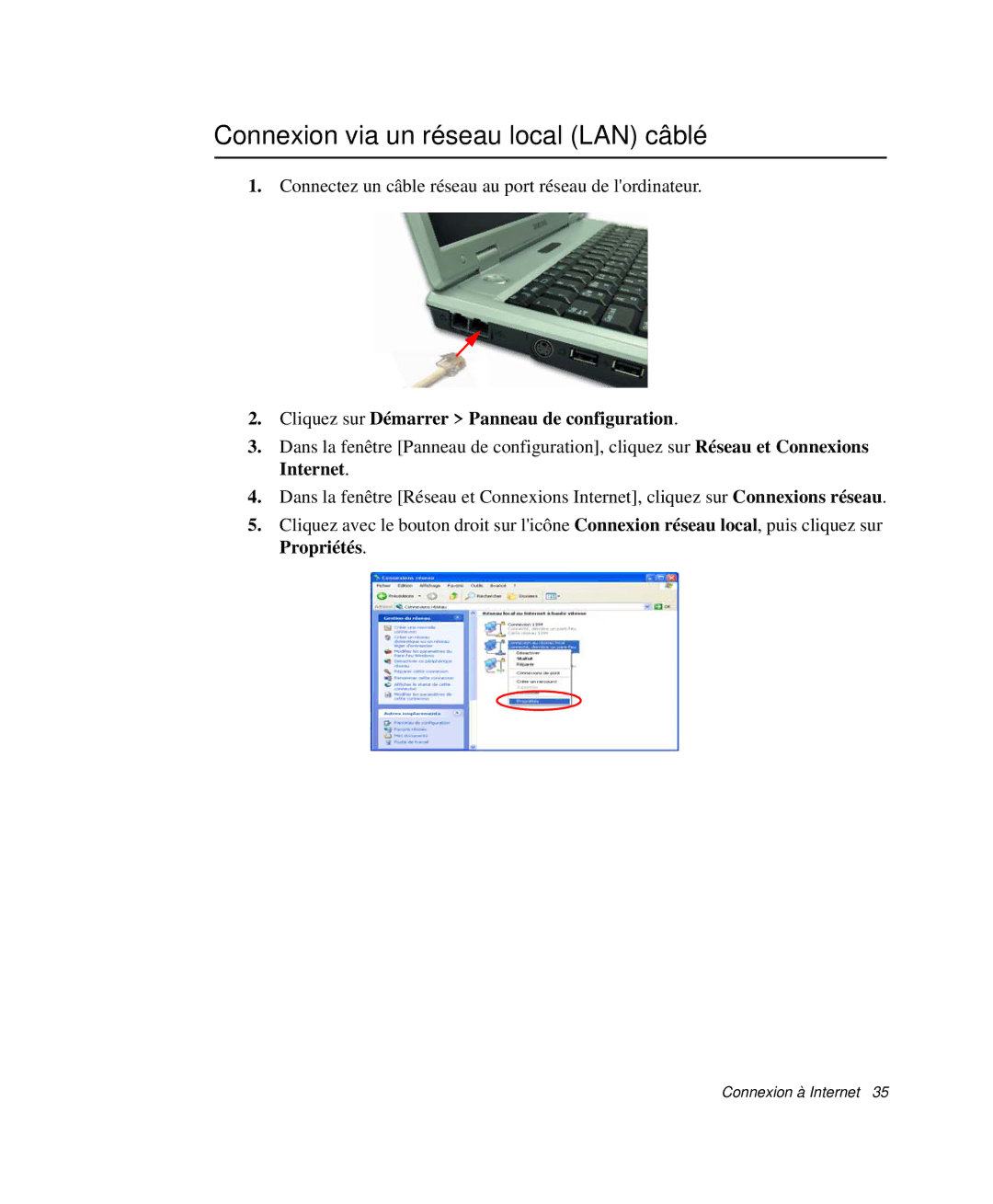 Samsung NP-P29R000/SEF manual Connexion via un réseau local LAN câblé, Cliquez sur Démarrer Panneau de configuration 