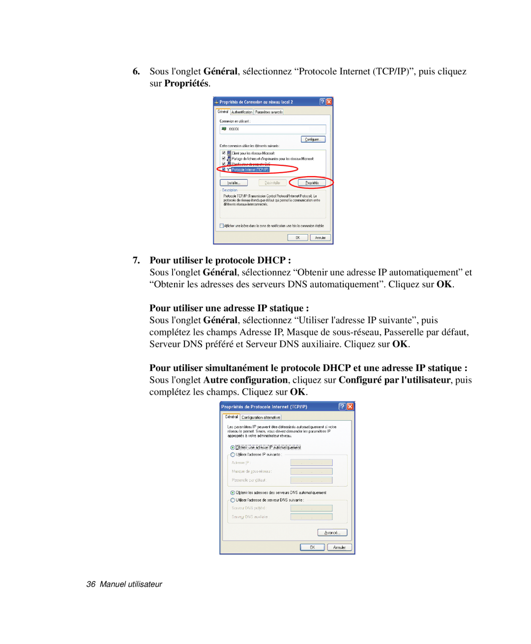 Samsung NP-P29K001/SEF, NP-P29R000/SEF manual Pour utiliser le protocole Dhcp, Pour utiliser une adresse IP statique 