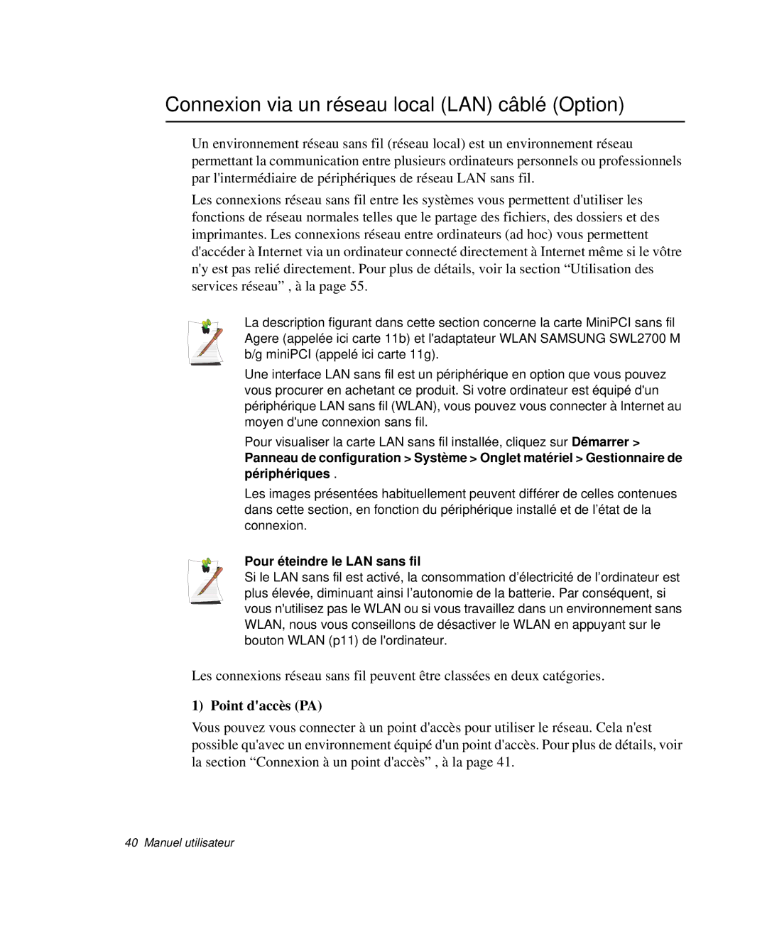 Samsung NP-P29R001/SEF Connexion via un réseau local LAN câblé Option, Point daccès PA, Pour éteindre le LAN sans fil 