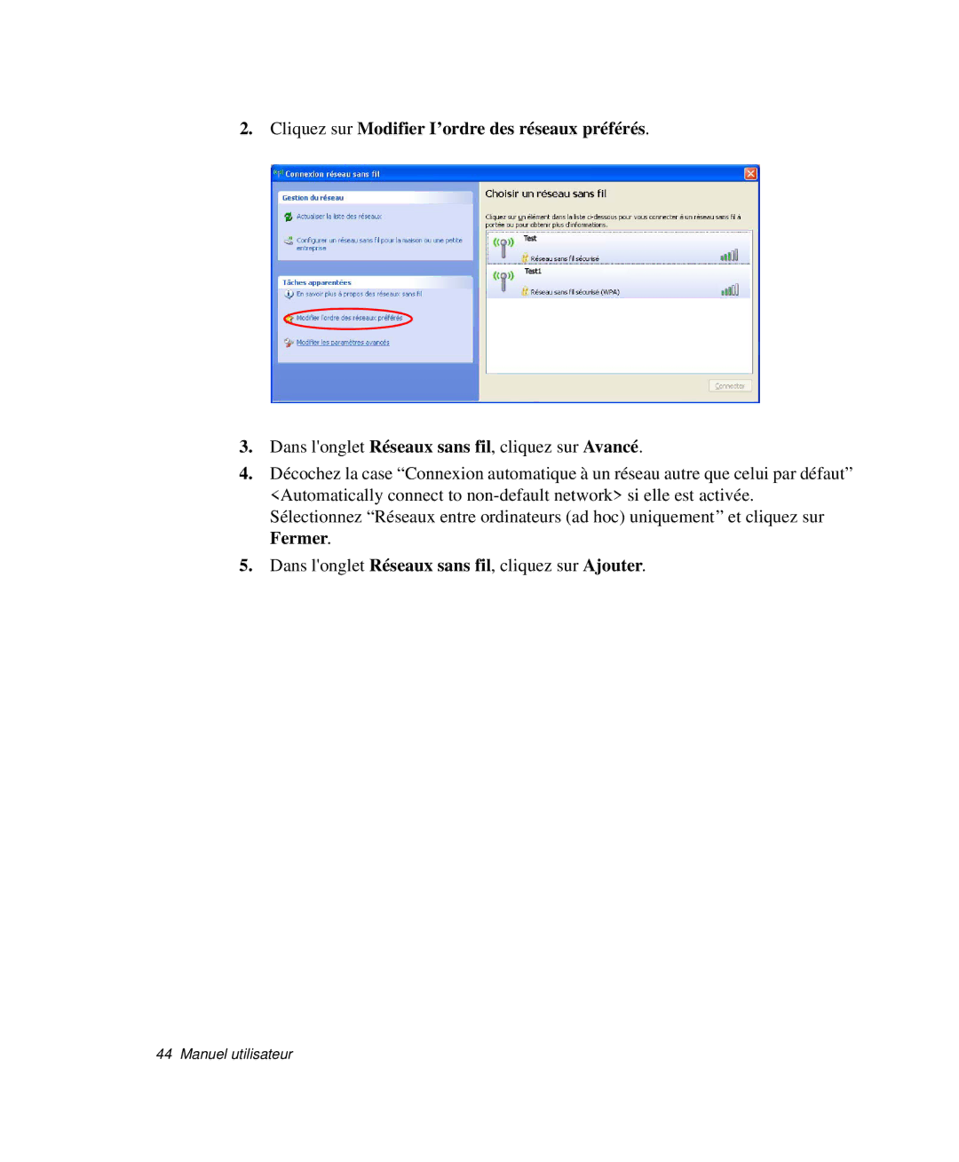 Samsung NP-P29R000/SEF, NP-P29K001/SEF, NP-P29R001/SEF manual Cliquez sur Modifier I’ordre des réseaux préférés 