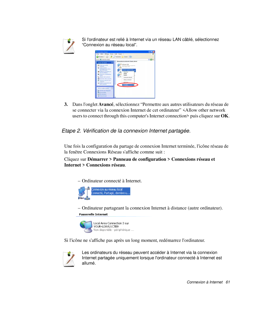 Samsung NP-P29R001/SEF, NP-P29R000/SEF, NP-P29K001/SEF manual Etape 2. Vérification de la connexion Internet partagée 