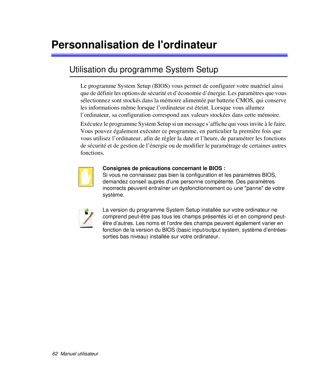 Samsung NP-P29R000/SEF, NP-P29K001/SEF manual Personnalisation de lordinateur, Utilisation du programme System Setup 