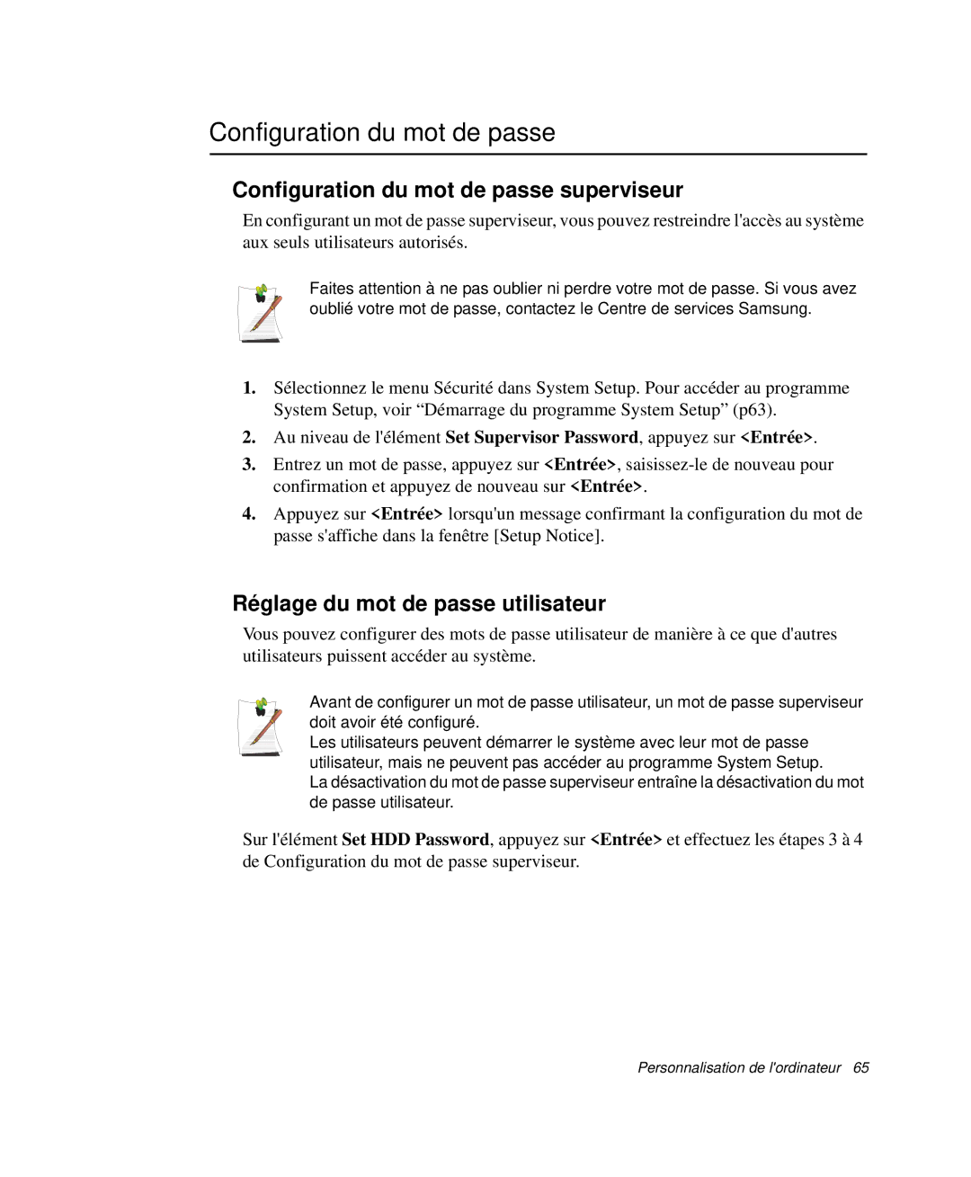 Samsung NP-P29R000/SEF, NP-P29K001/SEF Configuration du mot de passe superviseur, Réglage du mot de passe utilisateur 