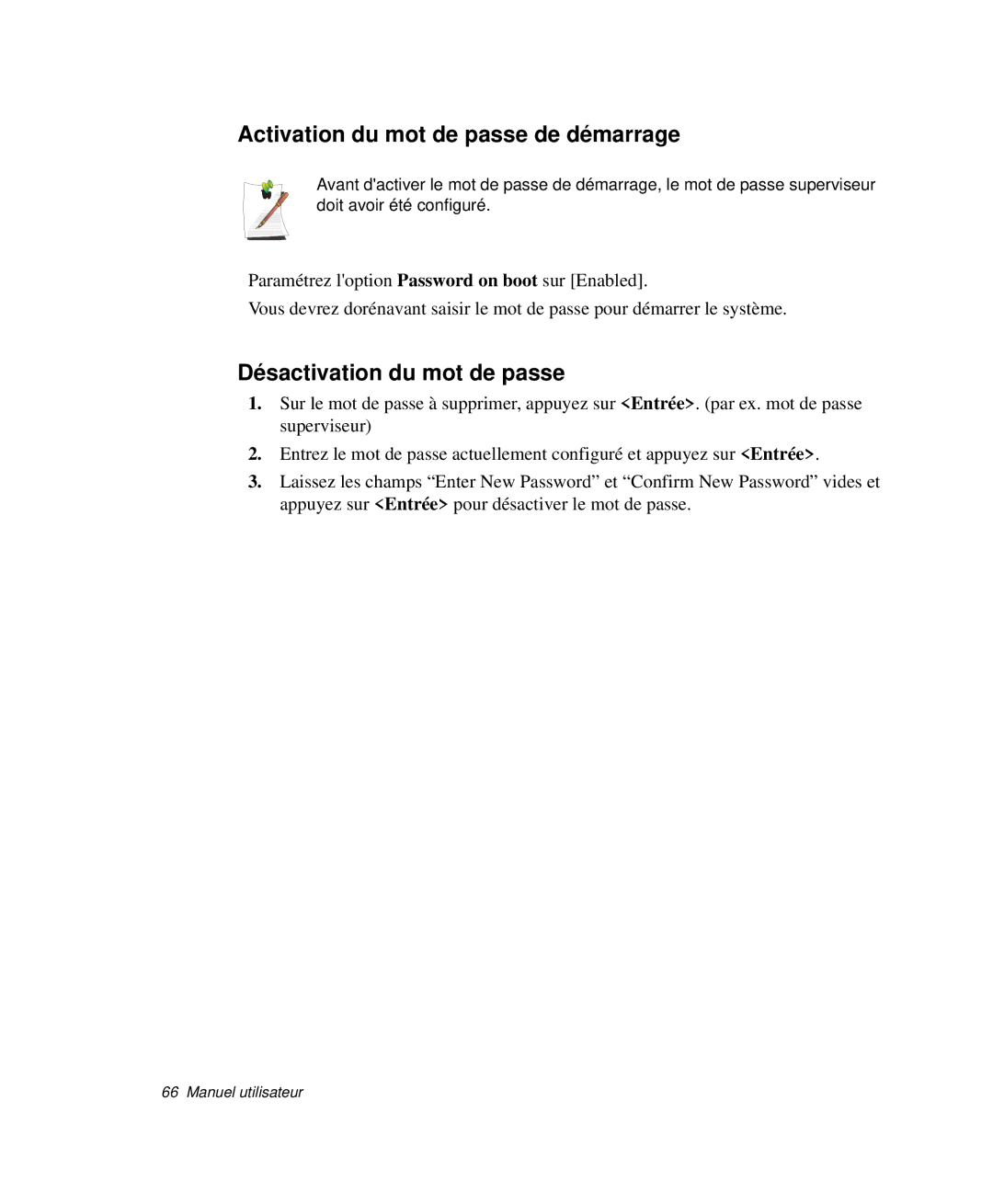 Samsung NP-P29K001/SEF, NP-P29R000/SEF manual Activation du mot de passe de démarrage, Désactivation du mot de passe 