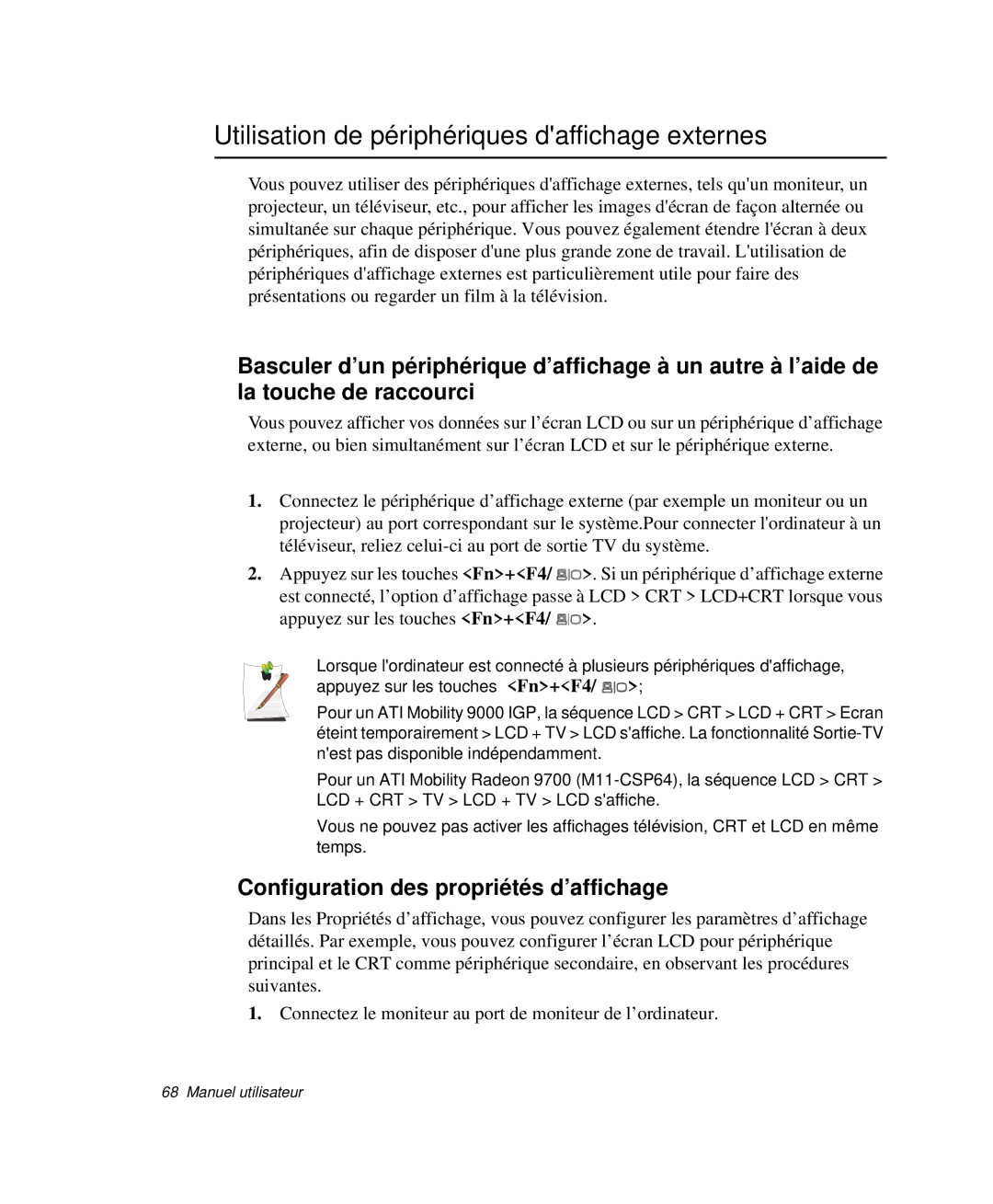 Samsung NP-P29R000/SEF manual Utilisation de périphériques daffichage externes, Configuration des propriétés d’affichage 