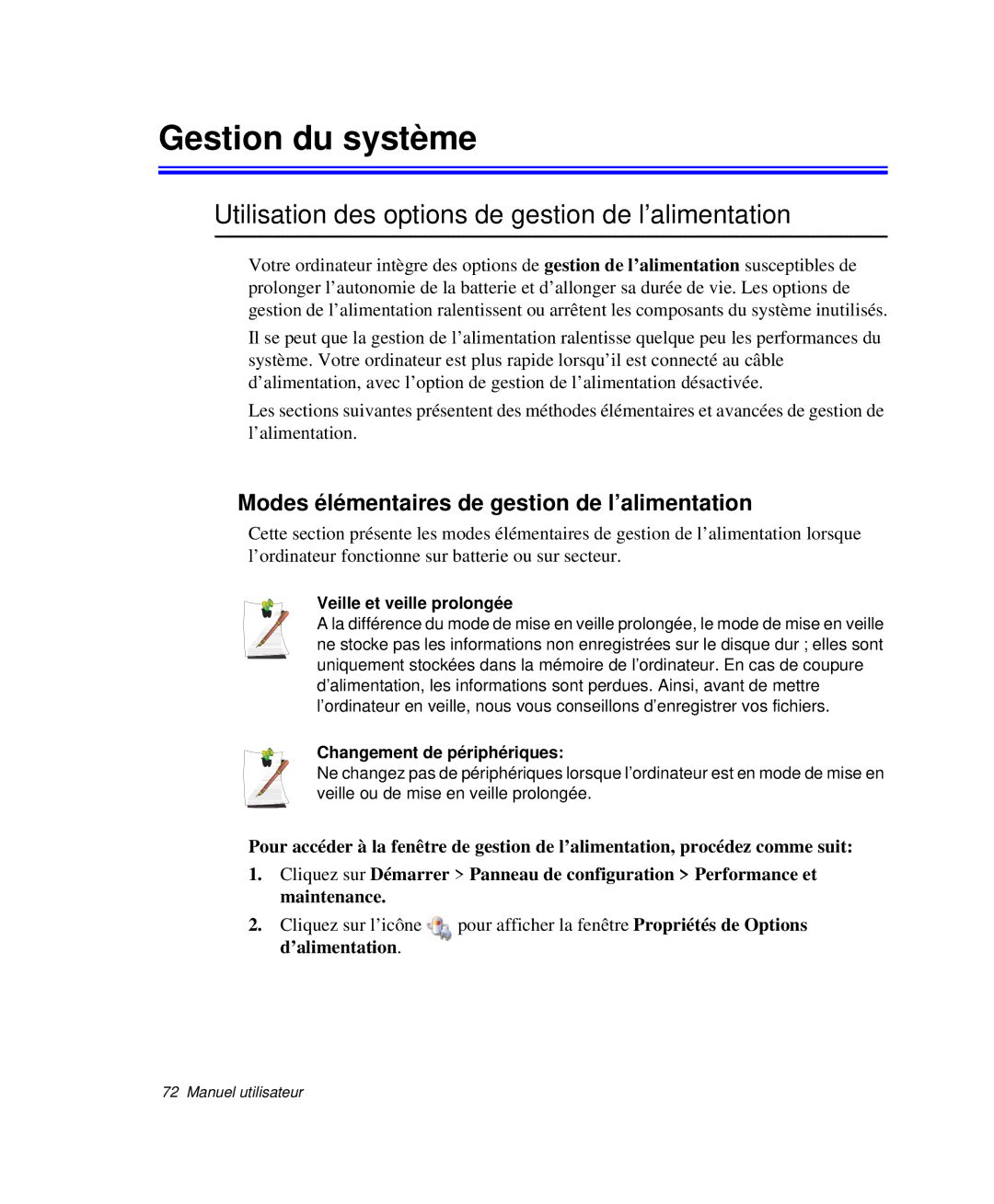 Samsung NP-P29K001/SEF, NP-P29R000/SEF manual Gestion du système, Utilisation des options de gestion de l’alimentation 