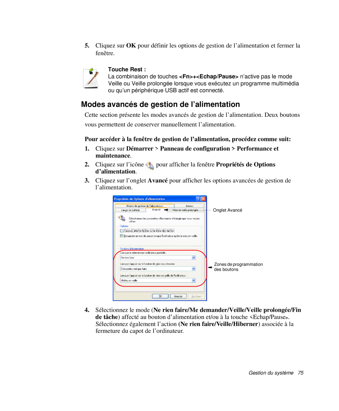 Samsung NP-P29K001/SEF, NP-P29R000/SEF, NP-P29R001/SEF manual Modes avancés de gestion de l’alimentation, Touche Rest 