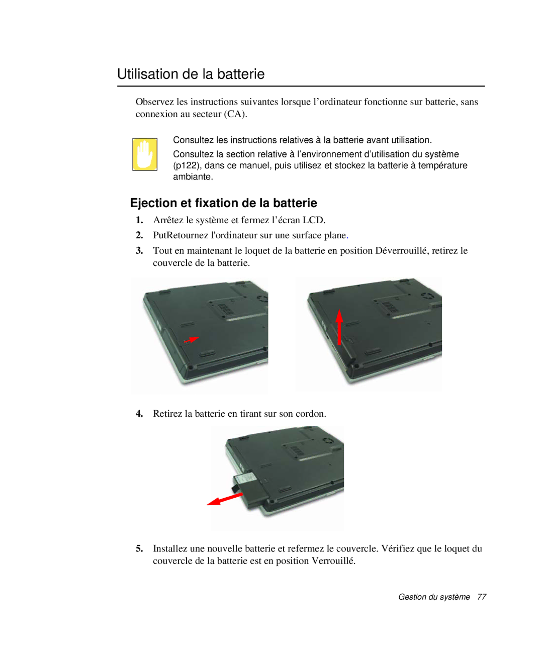 Samsung NP-P29R000/SEF, NP-P29K001/SEF, NP-P29R001/SEF manual Utilisation de la batterie, Ejection et fixation de la batterie 