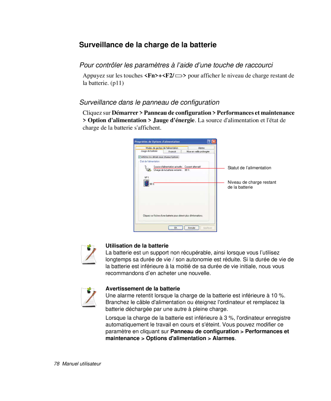 Samsung NP-P29K001/SEF manual Surveillance de la charge de la batterie, Surveillance dans le panneau de configuration 