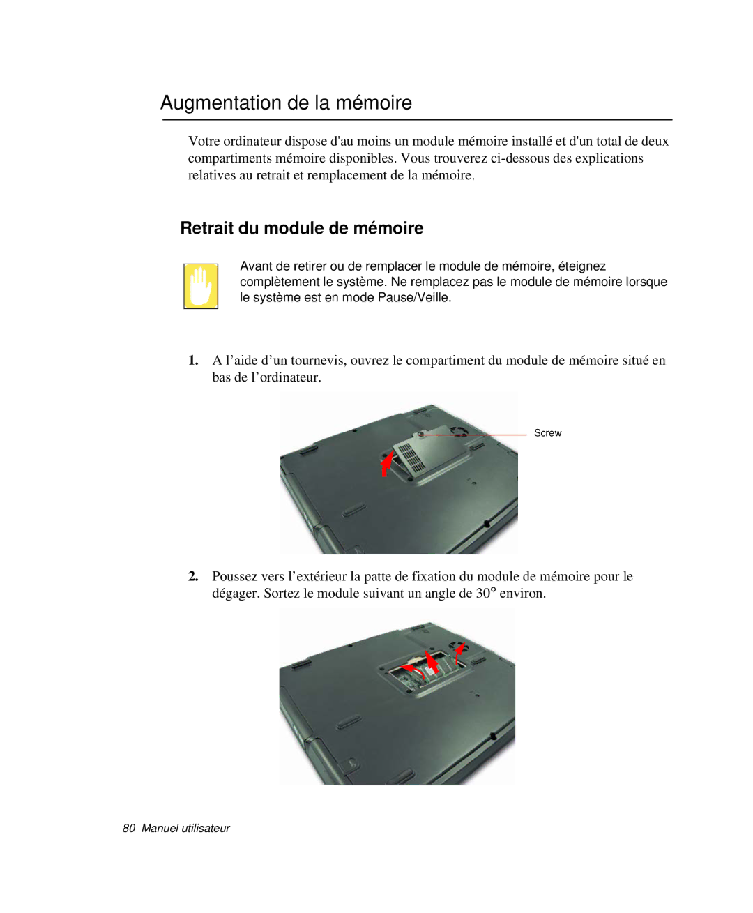 Samsung NP-P29R000/SEF, NP-P29K001/SEF, NP-P29R001/SEF manual Augmentation de la mémoire, Retrait du module de mémoire 