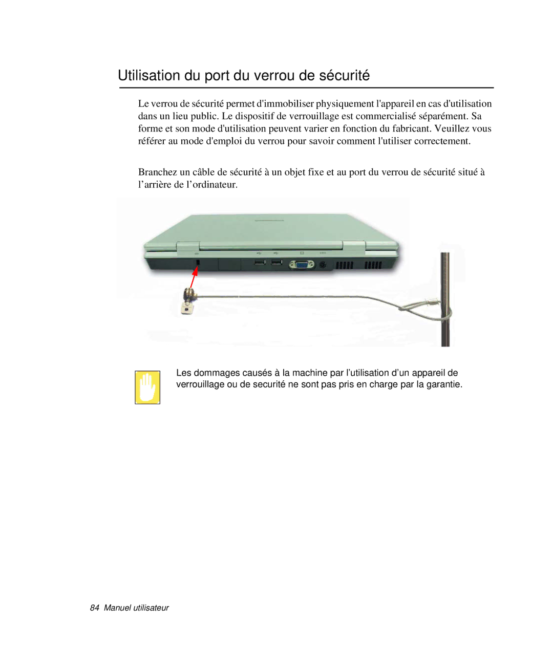 Samsung NP-P29K001/SEF, NP-P29R000/SEF, NP-P29R001/SEF manual Utilisation du port du verrou de sécurité 