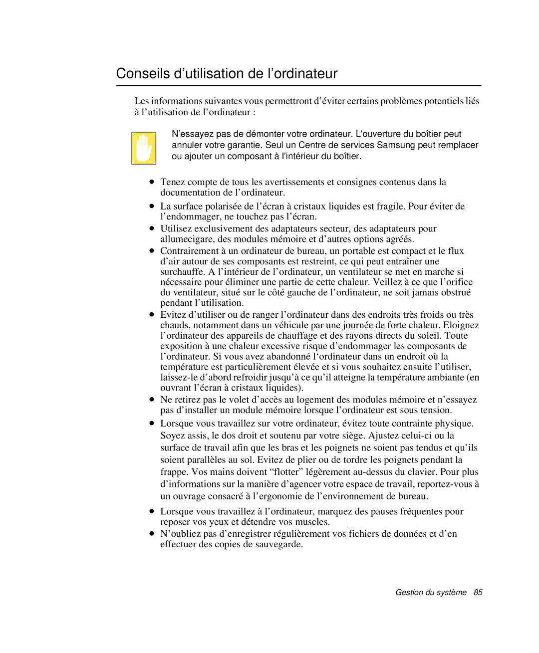 Samsung NP-P29R001/SEF, NP-P29R000/SEF, NP-P29K001/SEF manual Conseils d’utilisation de l’ordinateur 