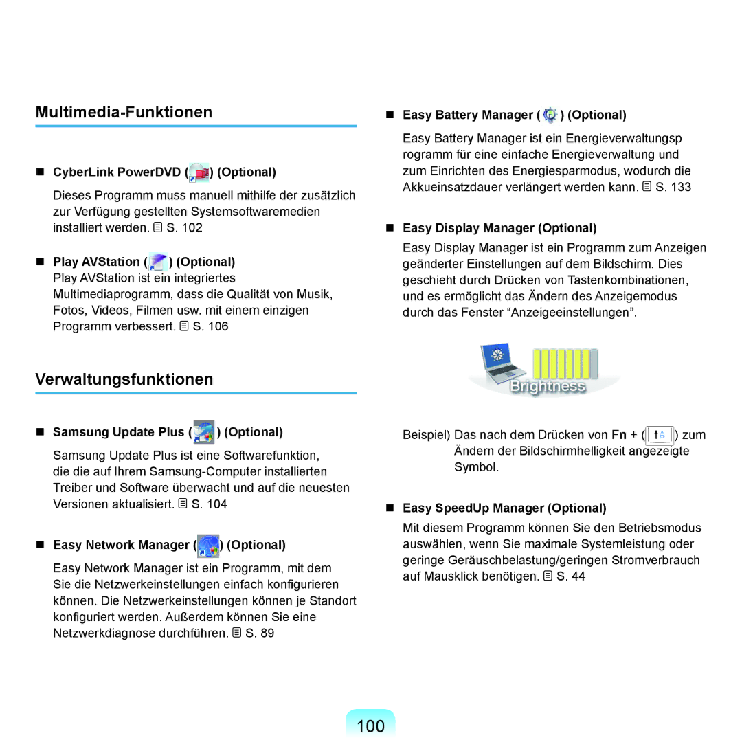 Samsung NP-P400-RA01DE, NP-P400-RA02DE manual 100, Multimedia-Funktionen, Verwaltungsfunktionen 