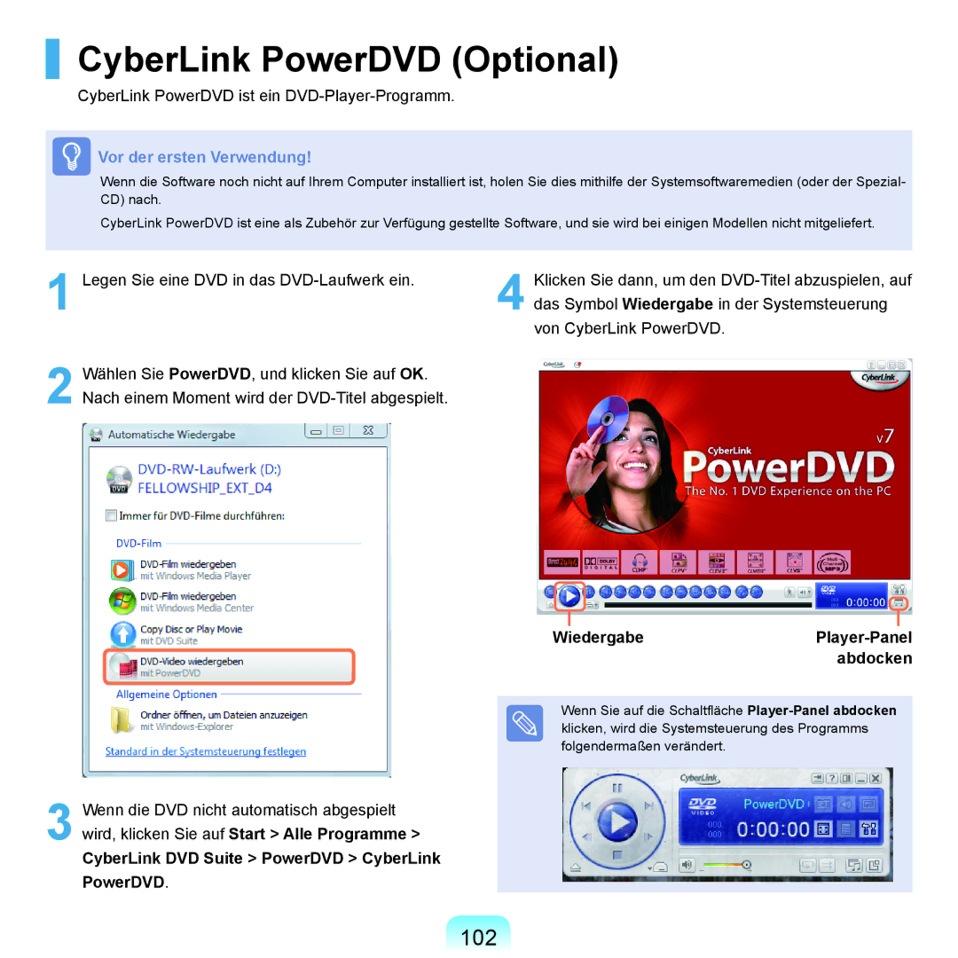 Samsung NP-P400-RA01DE CyberLink PowerDVD Optional, 102, Wiedergabe, Abdocken, CyberLink DVD Suite PowerDVD CyberLink 