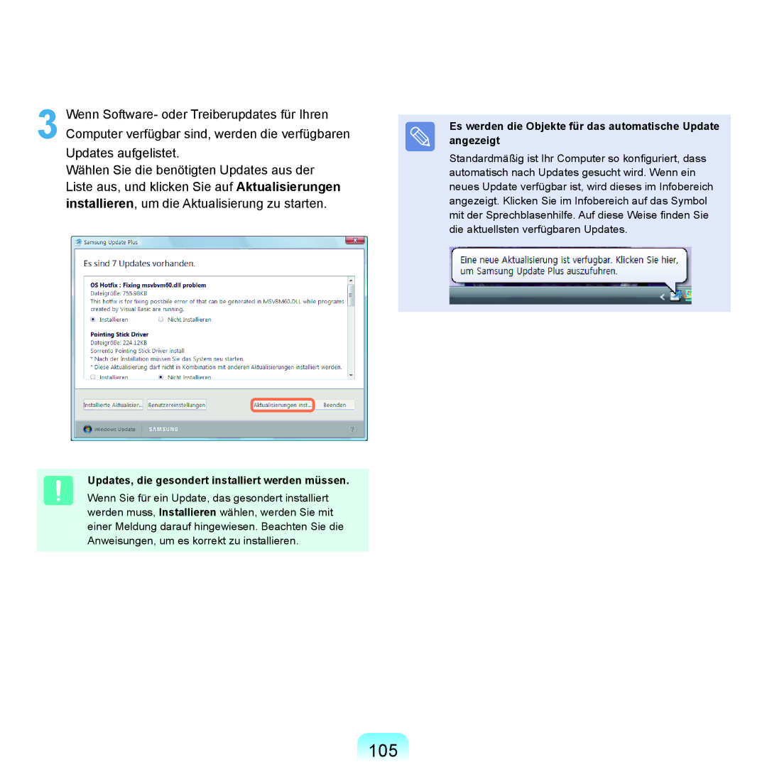 Samsung NP-P400-RA02DE, NP-P400-RA01DE manual 105, Updates, die gesondert installiert werden müssen 