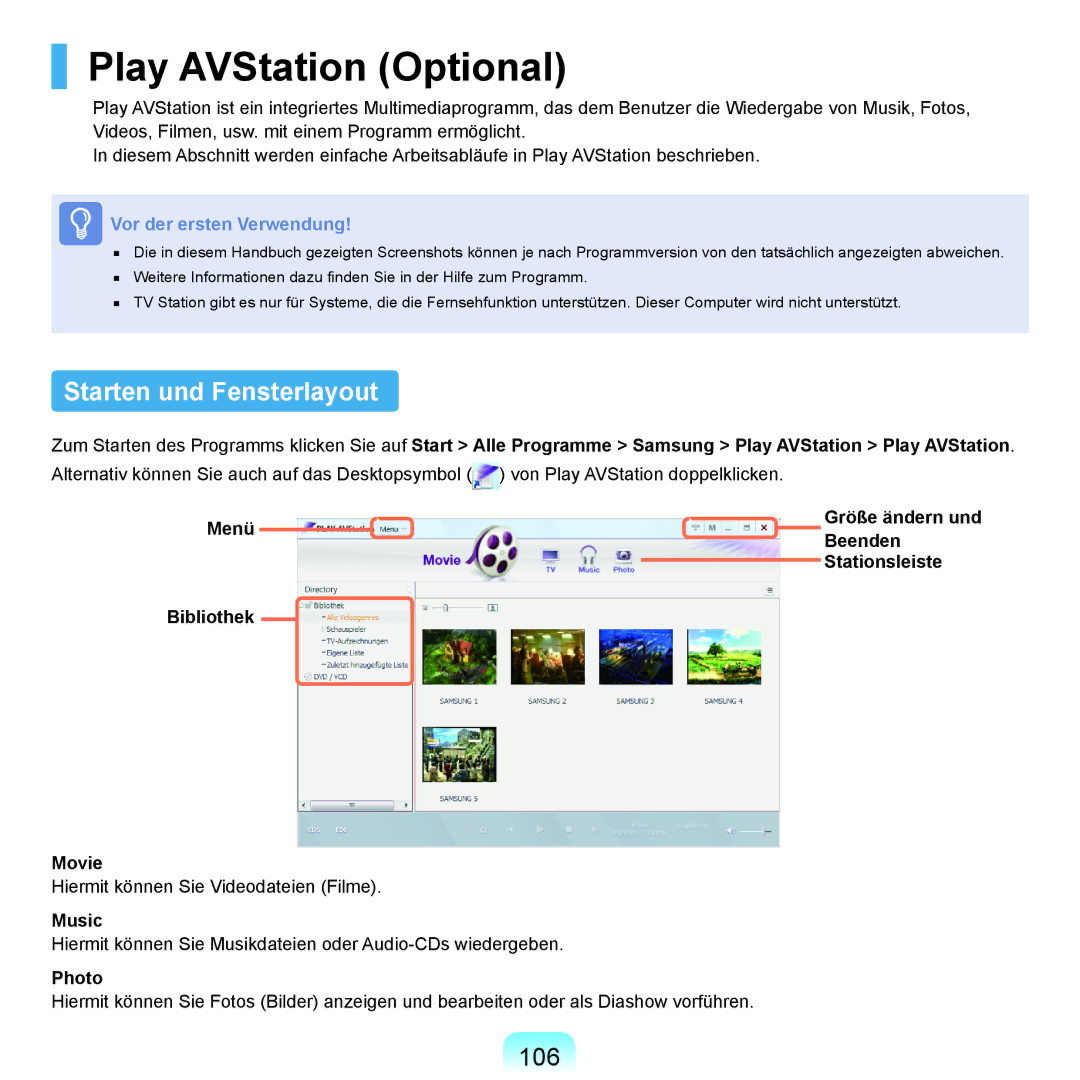 Samsung NP-P400-RA01DE, NP-P400-RA02DE manual Play AVStation Optional, Starten und Fensterlayout, 106 
