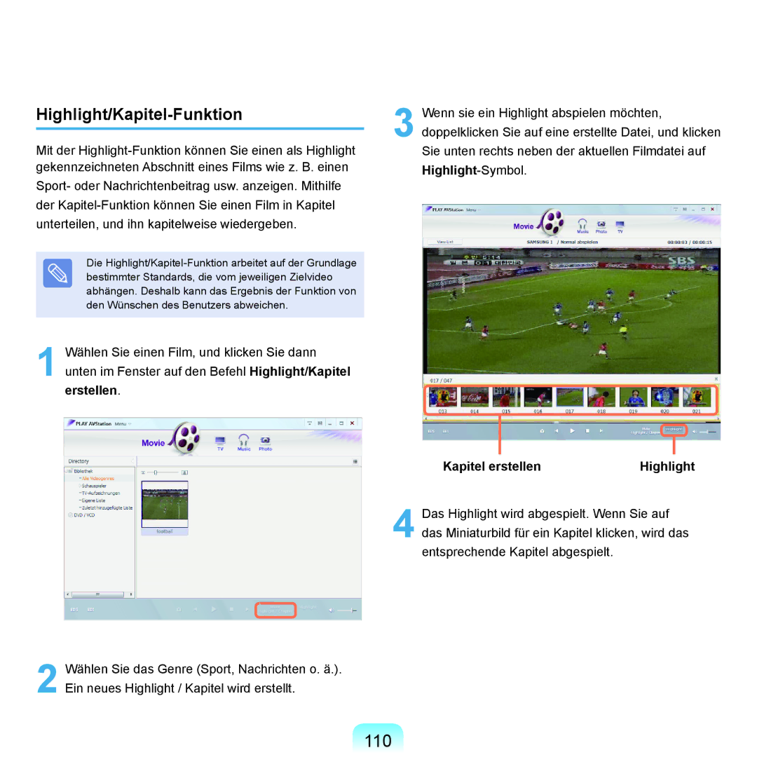 Samsung NP-P400-RA01DE, NP-P400-RA02DE manual 110, Highlight/Kapitel-Funktion, Kapitel erstellenHighlight 