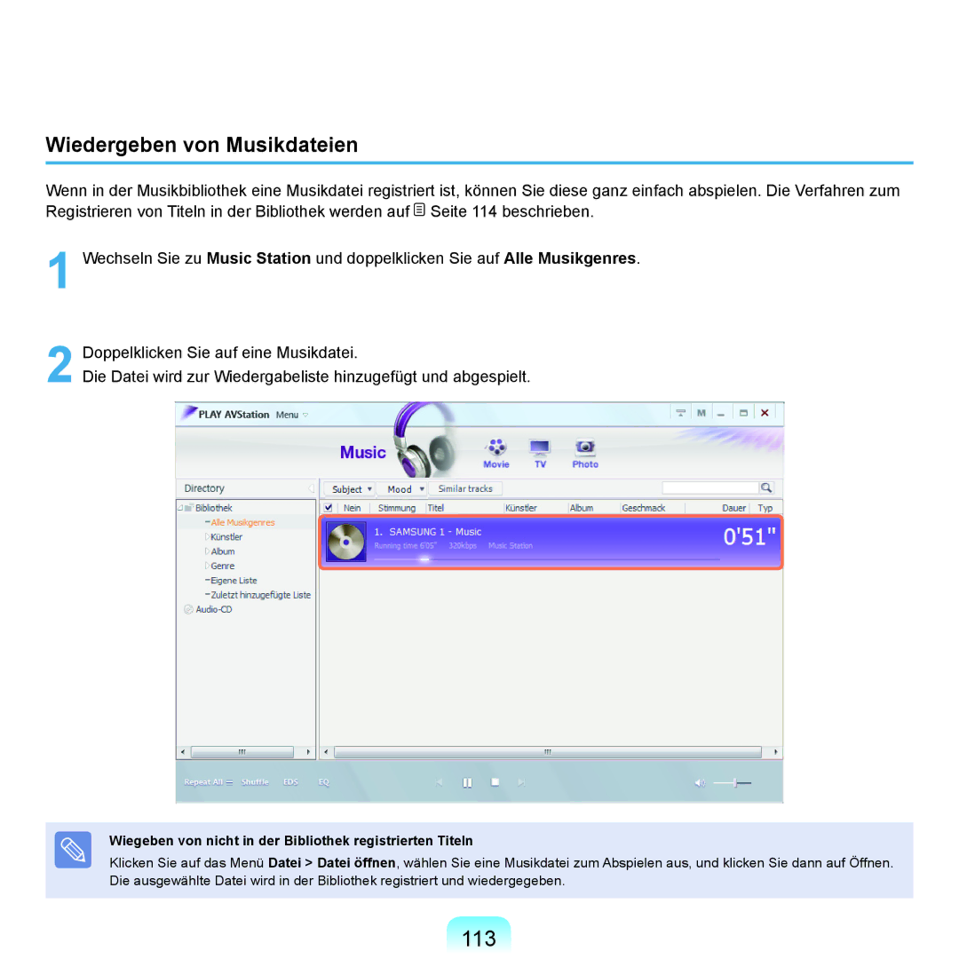 Samsung NP-P400-RA02DE manual 113, Wiedergeben von Musikdateien, Wiegeben von nicht in der Bibliothek registrierten Titeln 