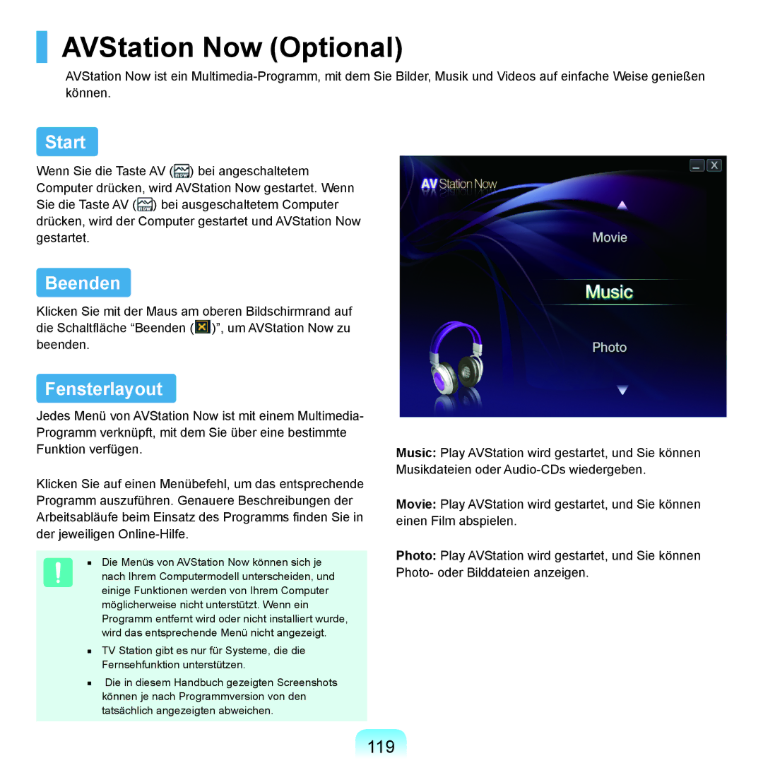 Samsung NP-P400-RA02DE, NP-P400-RA01DE manual AVStation Now Optional, Start, Beenden, Fensterlayout, 119 