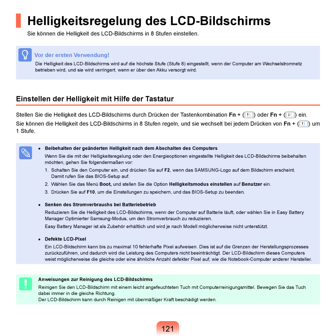 Samsung NP-P400-RA02DE Helligkeitsregelung des LCD-Bildschirms, 121, Einstellen der Helligkeit mit Hilfe der Tastatur 