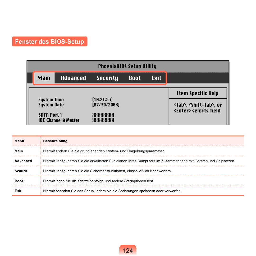 Samsung NP-P400-RA01DE, NP-P400-RA02DE manual Fenster des BIOS-Setup, 124, Menü 