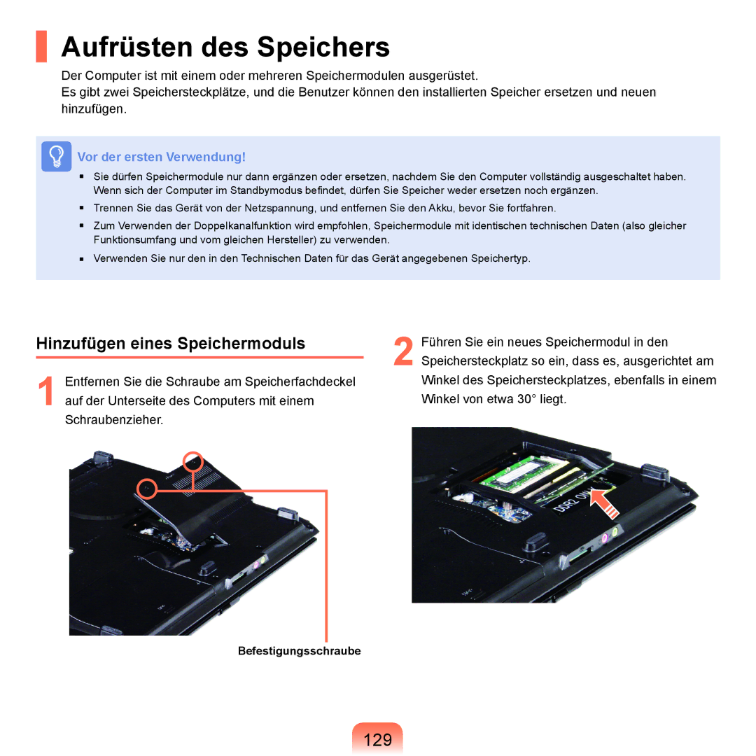 Samsung NP-P400-RA02DE, NP-P400-RA01DE manual Aufrüsten des Speichers, 129, Hinzufügen eines Speichermoduls 