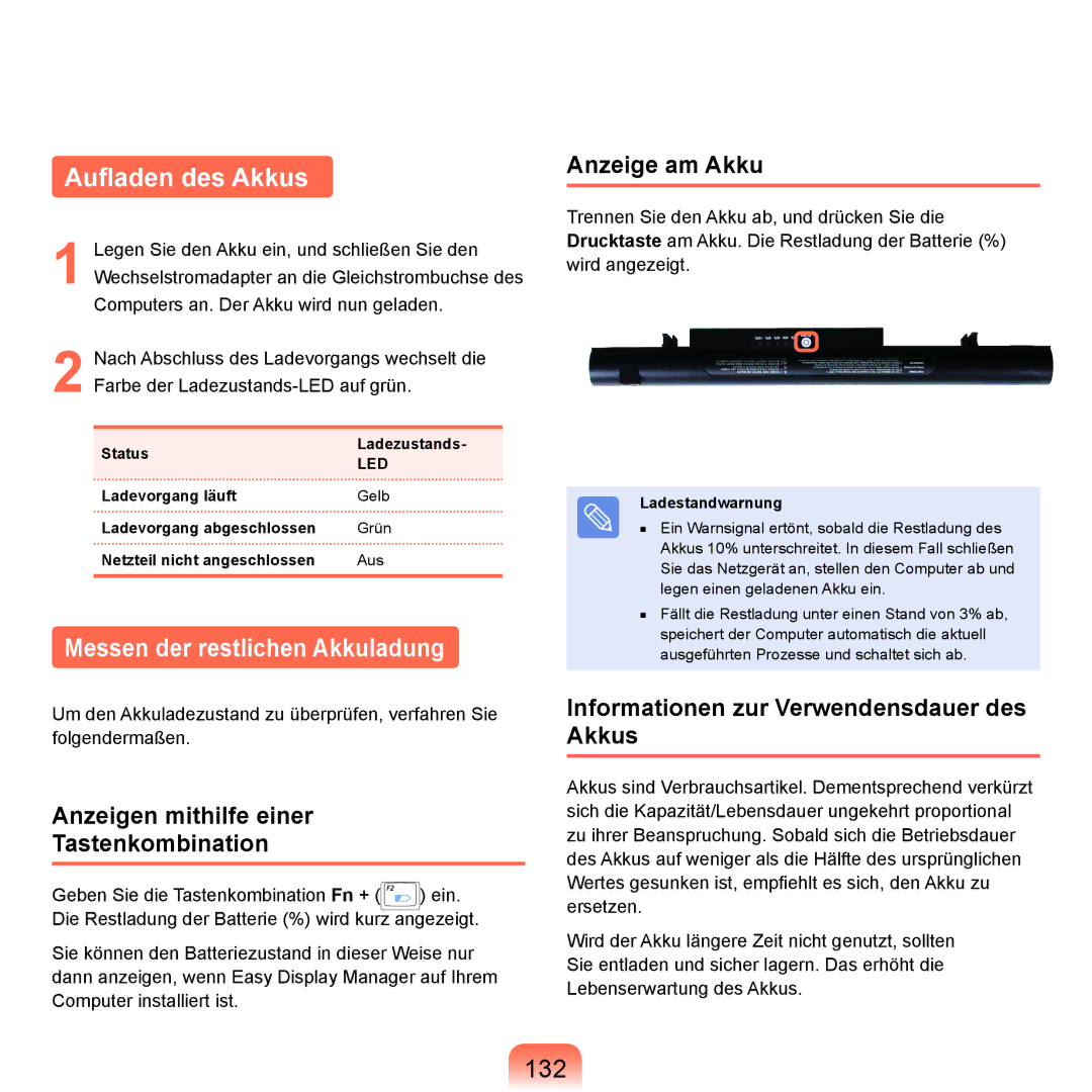 Samsung NP-P400-RA01DE, NP-P400-RA02DE manual Aufladen des Akkus, Messen der restlichen Akkuladung, 132 