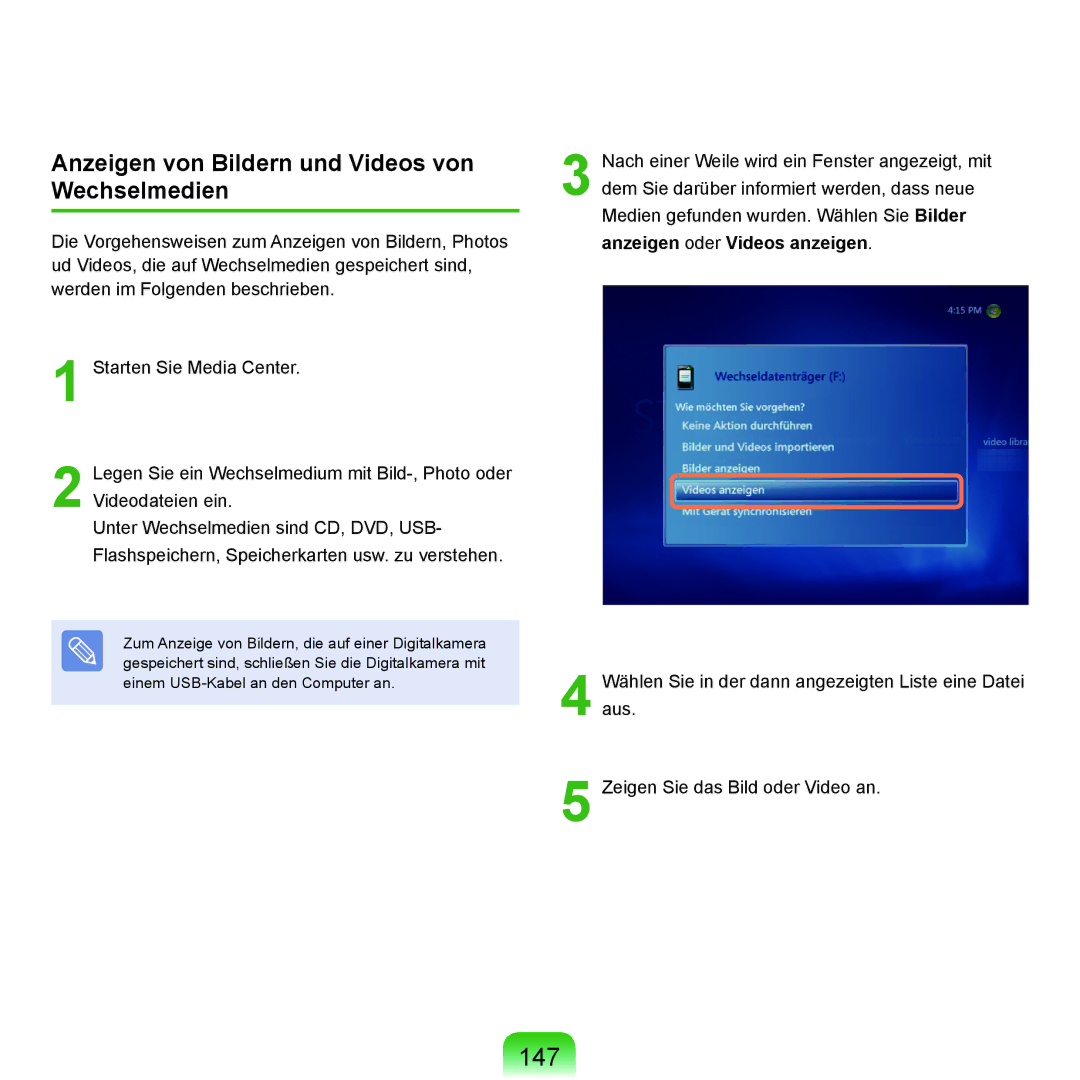Samsung NP-P400-RA02DE, NP-P400-RA01DE manual 147, Anzeigen von Bildern und Videos von Wechselmedien 