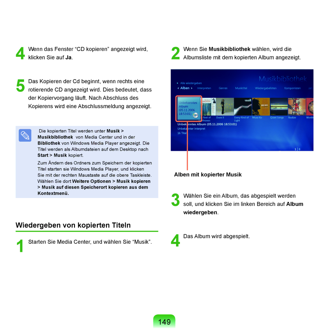 Samsung NP-P400-RA02DE, NP-P400-RA01DE manual 149, Wiedergeben von kopierten Titeln, Alben mit kopierter Musik 