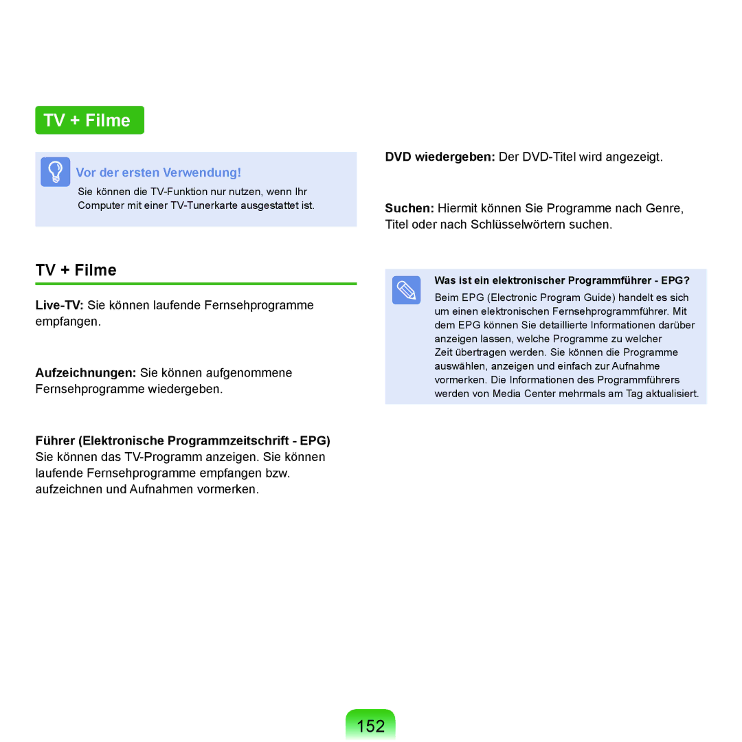 Samsung NP-P400-RA01DE, NP-P400-RA02DE manual TV + Filme, 152, Was ist ein elektronischer Programmführer EPG? 