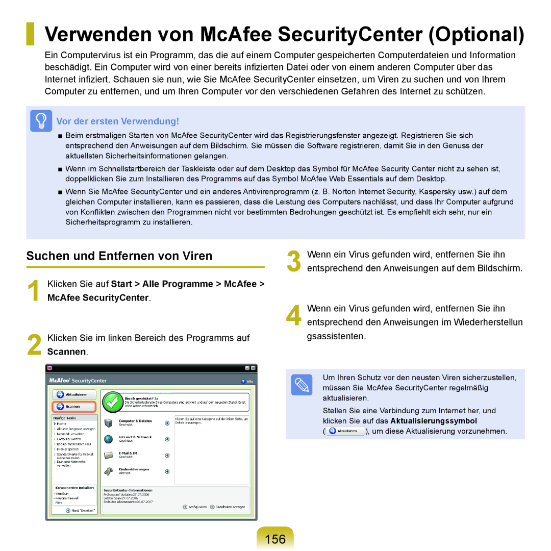 Samsung NP-P400-RA01DE, NP-P400-RA02DE Verwenden von McAfee SecurityCenter Optional, 156, Suchen und Entfernen von Viren 