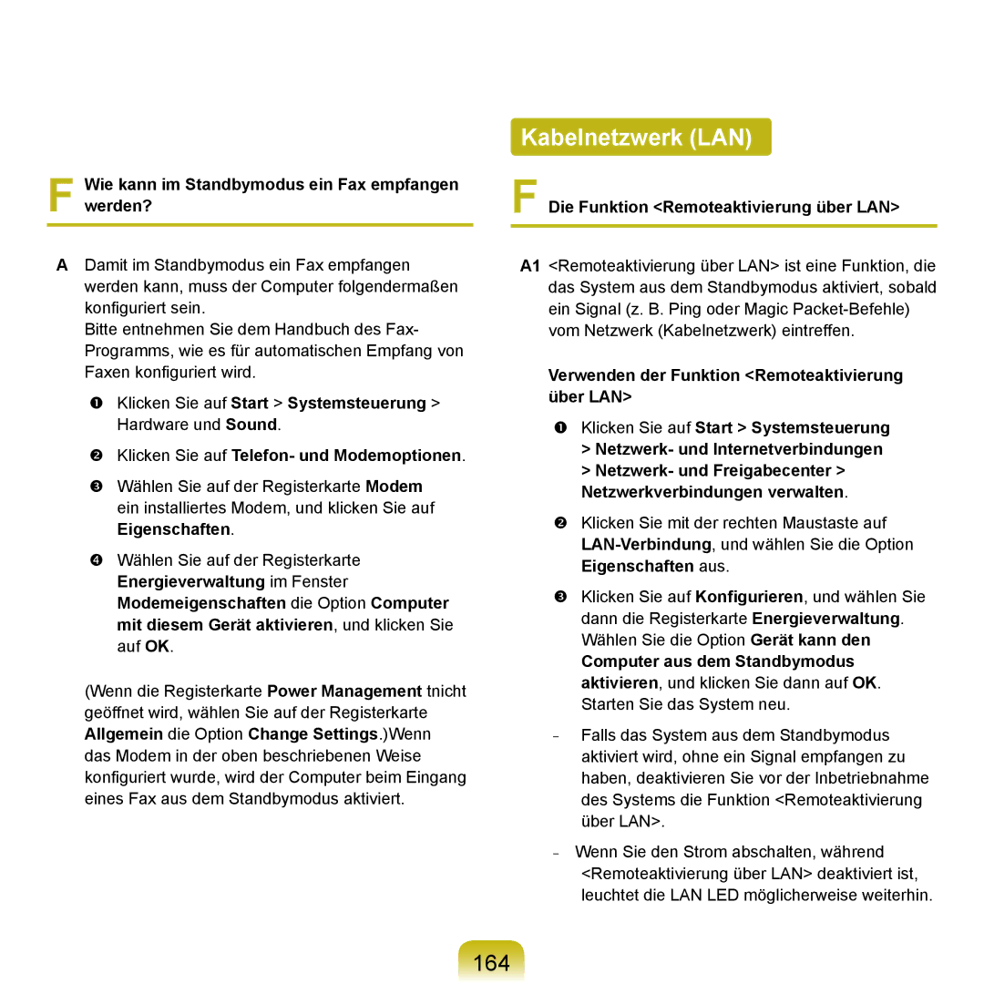 Samsung NP-P400-RA01DE, NP-P400-RA02DE manual Kabelnetzwerk LAN, 164, Wie kann im Standbymodus ein Fax empfangen werden? 