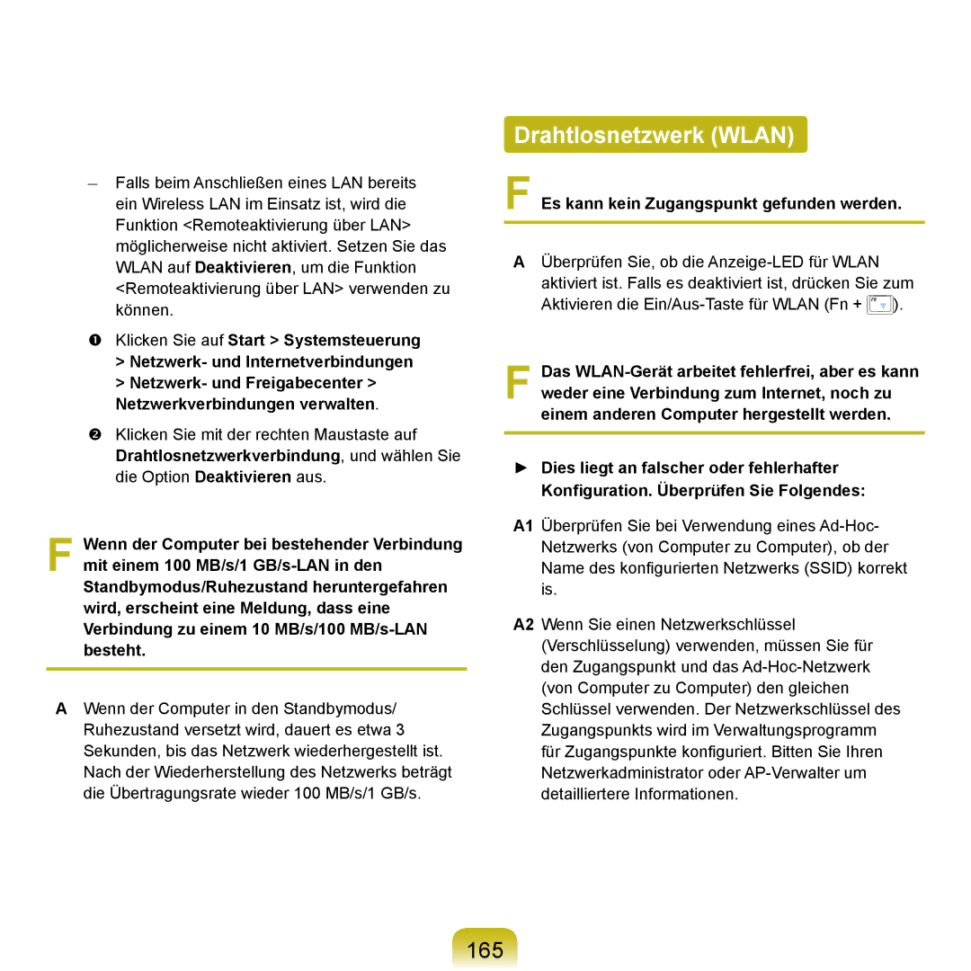 Samsung NP-P400-RA02DE, NP-P400-RA01DE manual Drahtlosnetzwerk Wlan, 165, Es kann kein Zugangspunkt gefunden werden 